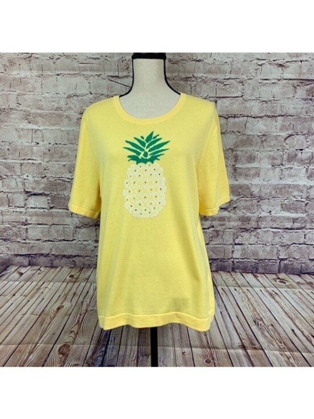 CJ Banks Yellow Embellished Pineapple Knit Short Sleeve Sweater